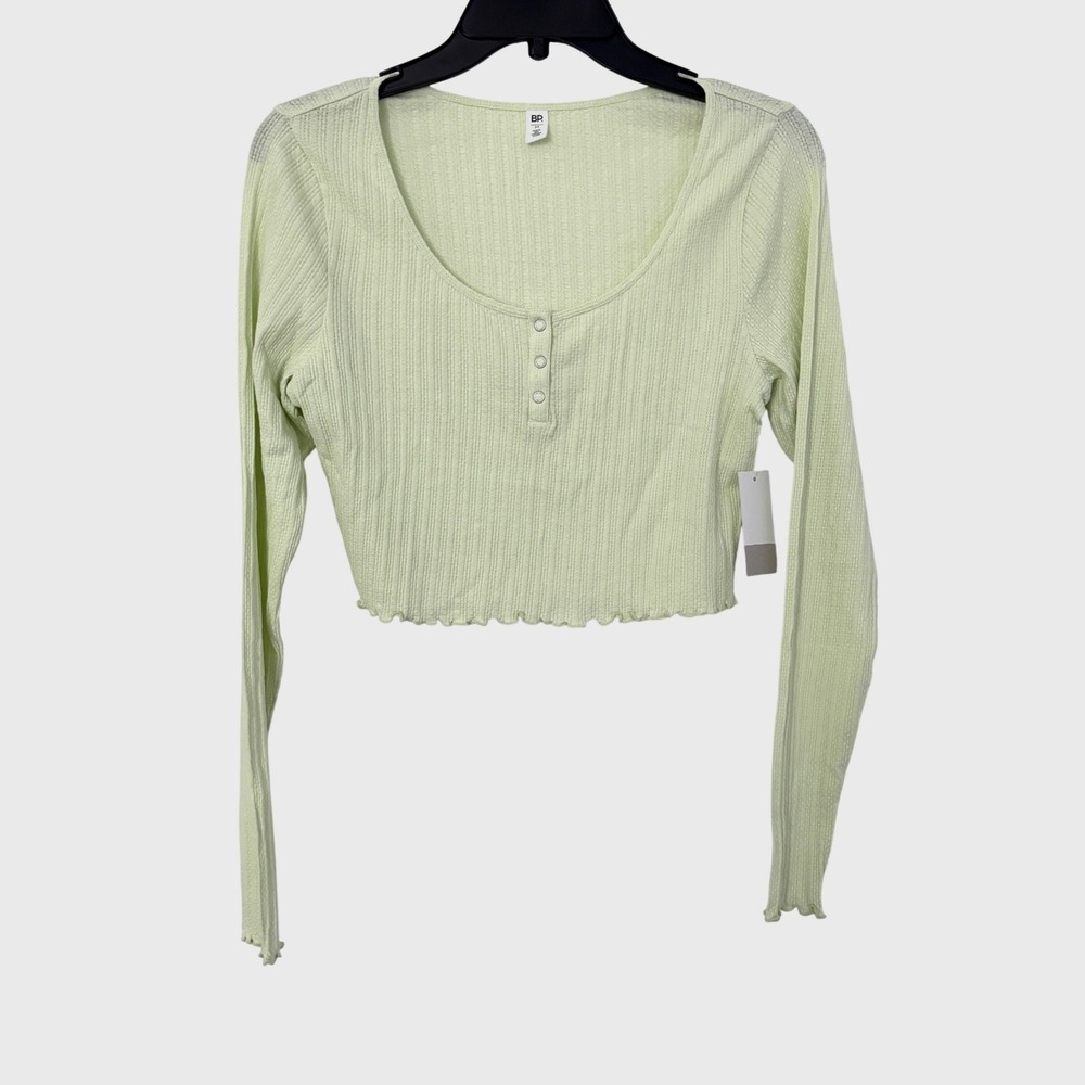 BP Women Medium Crop Henley Top Ribbed Lettuce Hem Light Lime Green Long Sleeve